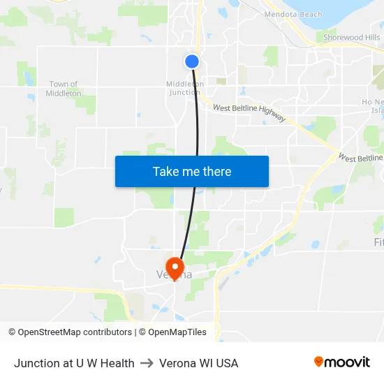 Junction at U W Health to Verona WI USA map