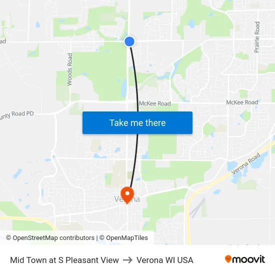 Mid Town at S Pleasant View to Verona WI USA map