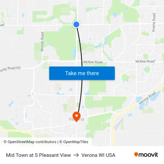 Mid Town at S Pleasant View to Verona WI USA map