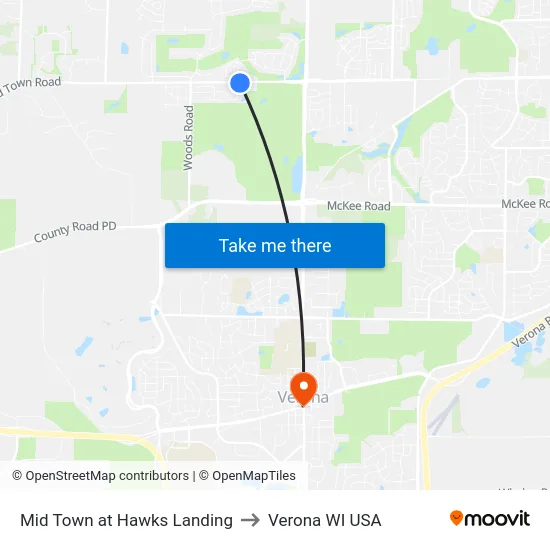 Mid Town at Hawks Landing to Verona WI USA map