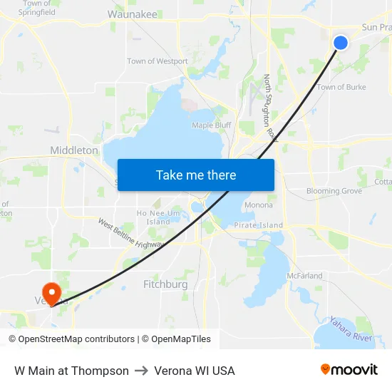 W Main at Thompson to Verona WI USA map