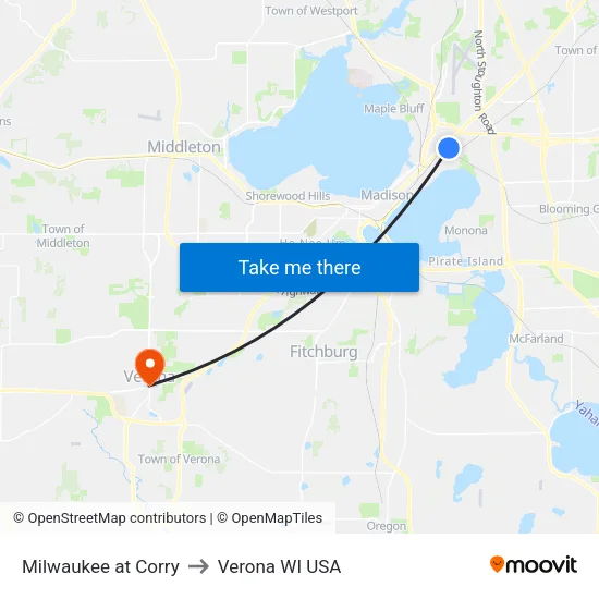 Milwaukee at Corry to Verona WI USA map