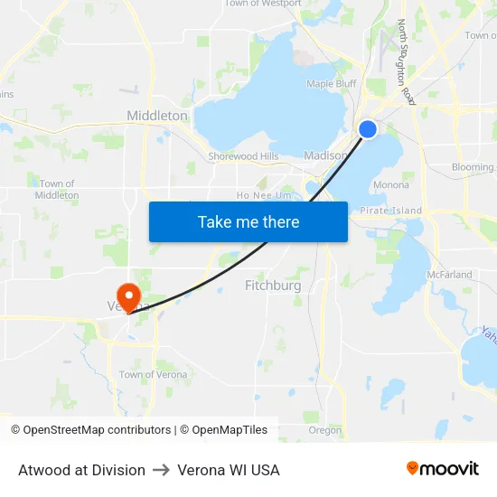 Atwood at Division to Verona WI USA map