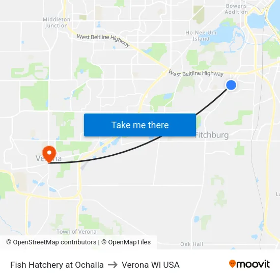 Fish Hatchery at Ochalla to Verona WI USA map