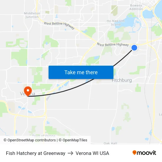 Fish Hatchery at Greenway to Verona WI USA map