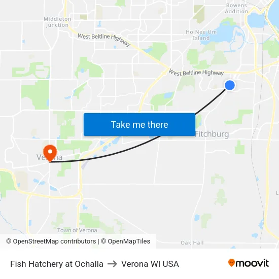 Fish Hatchery at Ochalla to Verona WI USA map