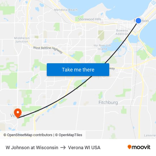 W Johnson at Wisconsin to Verona WI USA map