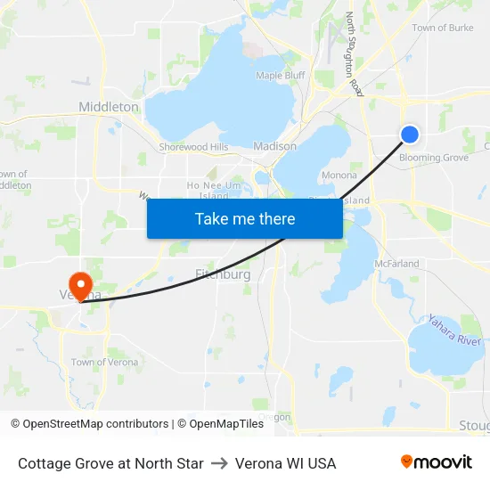 Cottage Grove at North Star to Verona WI USA map