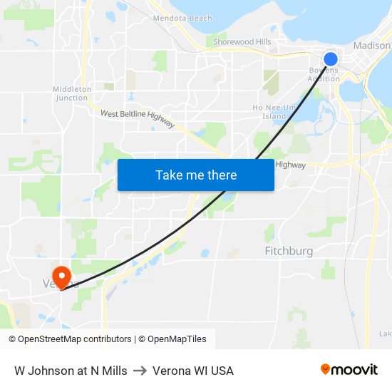 W Johnson at N Mills to Verona WI USA map