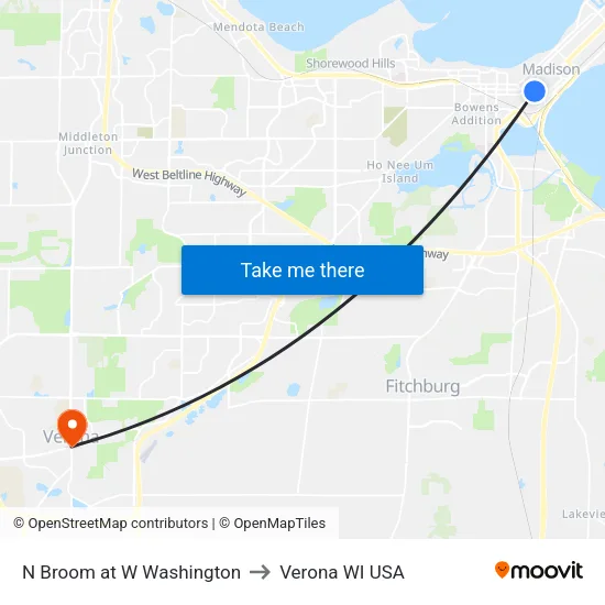 N Broom at W Washington to Verona WI USA map