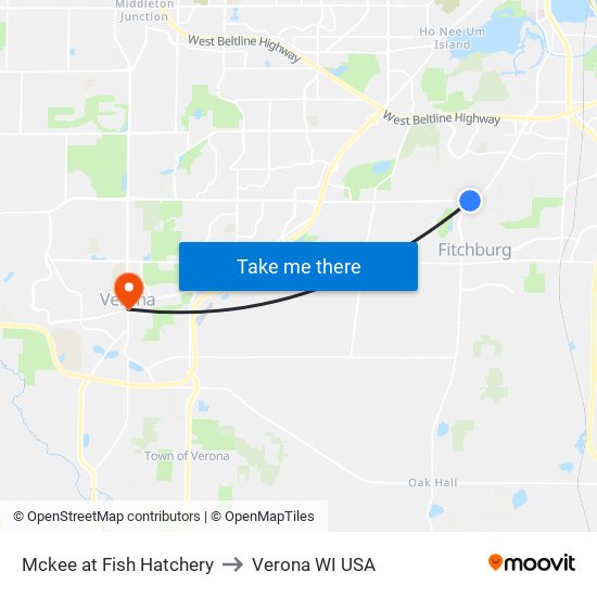 Mckee at Fish Hatchery to Verona WI USA map