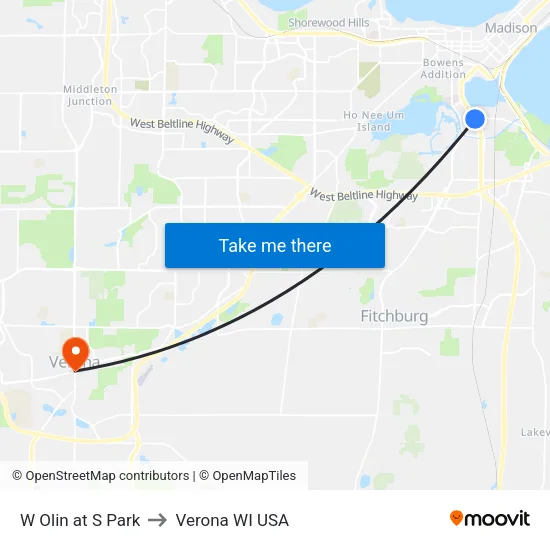 W Olin at S Park to Verona WI USA map