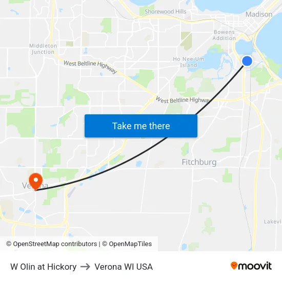 W Olin at Hickory to Verona WI USA map