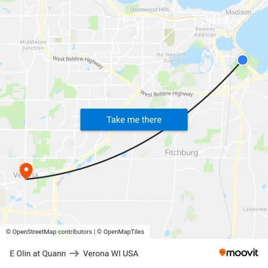 E Olin at Quann to Verona WI USA map