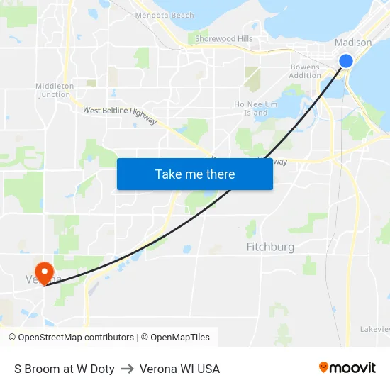 S Broom at W Doty to Verona WI USA map