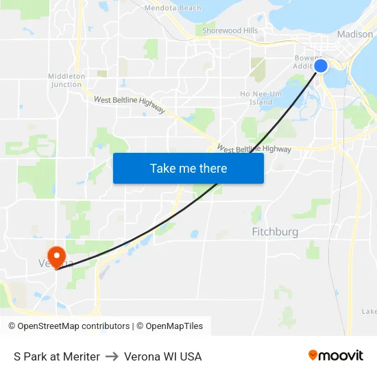 S Park at Meriter to Verona WI USA map