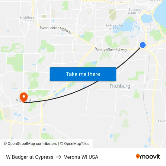 W Badger at Cypress to Verona WI USA map