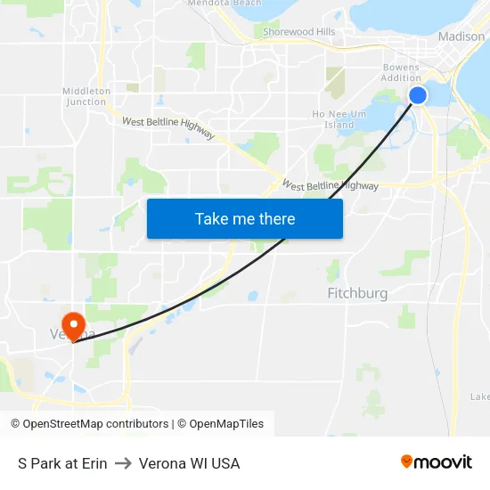 S Park at Erin to Verona WI USA map