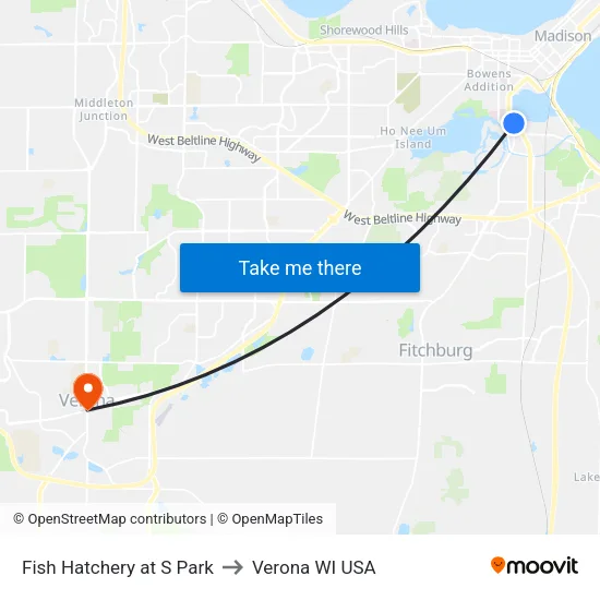Fish Hatchery at S Park to Verona WI USA map