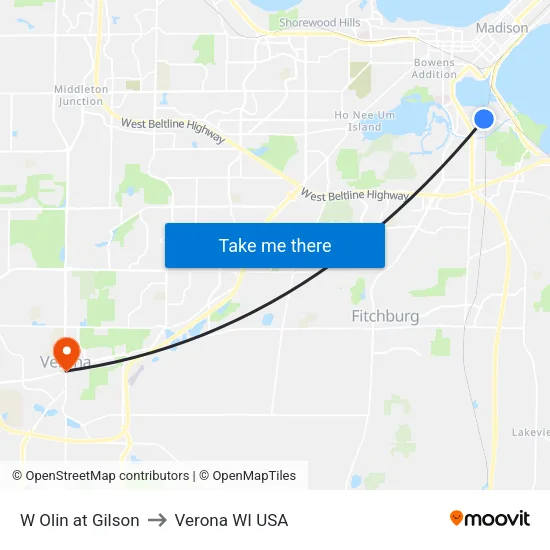 W Olin at Gilson to Verona WI USA map