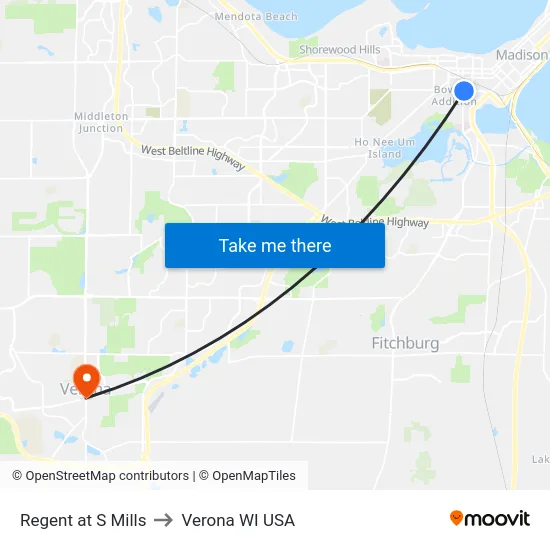 Regent at S Mills to Verona WI USA map