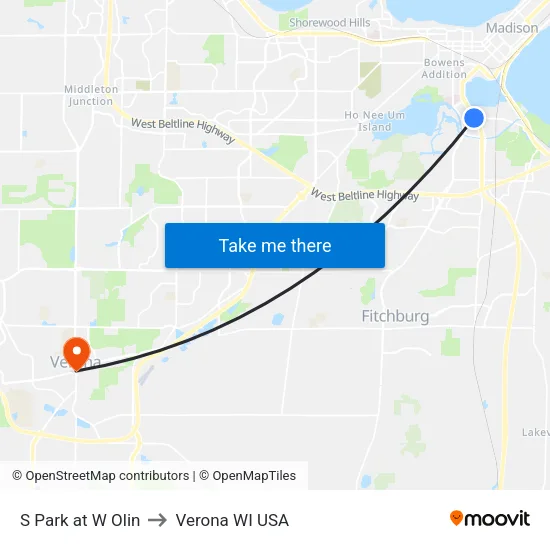 S Park at W Olin to Verona WI USA map