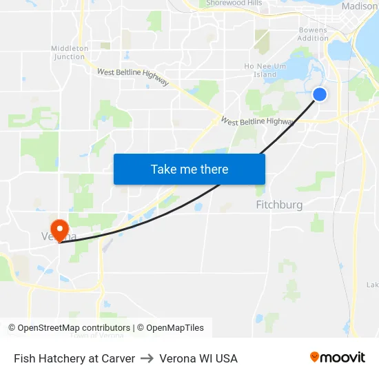 Fish Hatchery at Carver to Verona WI USA map