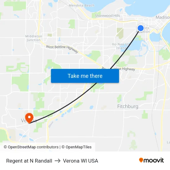 Regent at N Randall to Verona WI USA map