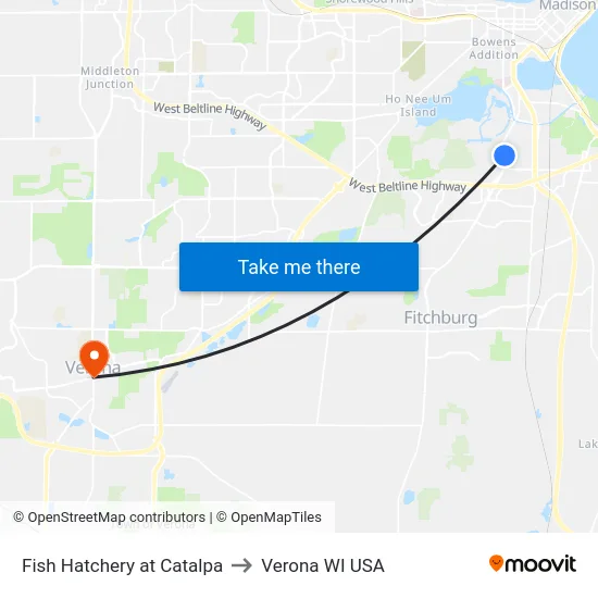 Fish Hatchery at Catalpa to Verona WI USA map