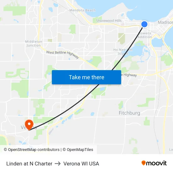 Linden at N Charter to Verona WI USA map