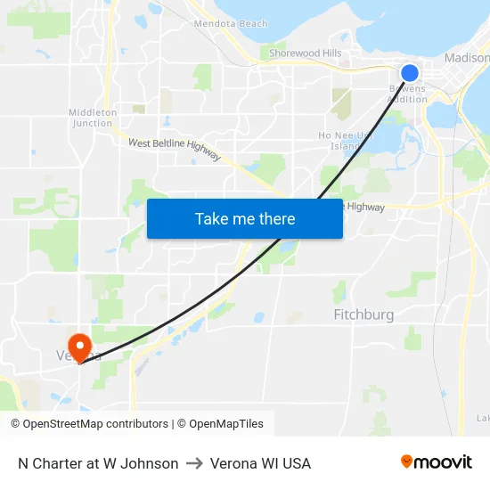 N Charter at W Johnson to Verona WI USA map