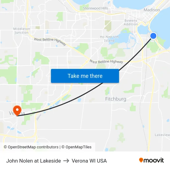 John Nolen at Lakeside to Verona WI USA map