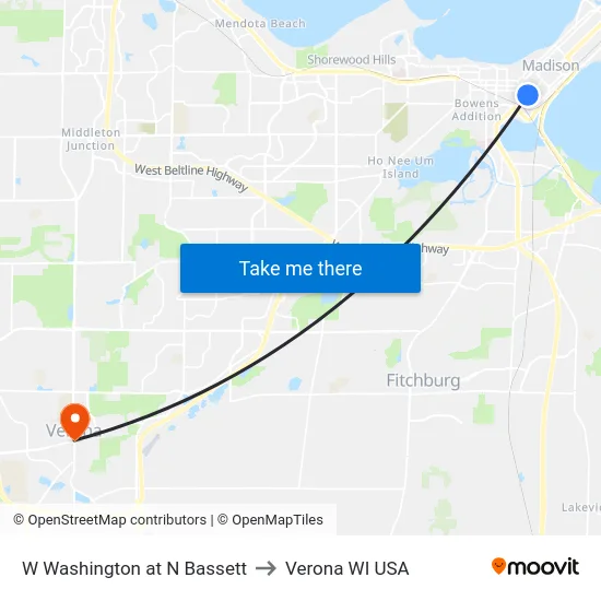 W Washington at N Bassett to Verona WI USA map