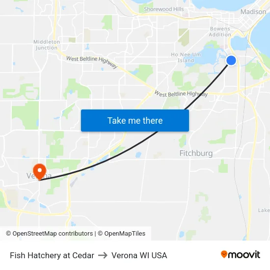 Fish Hatchery at Cedar to Verona WI USA map