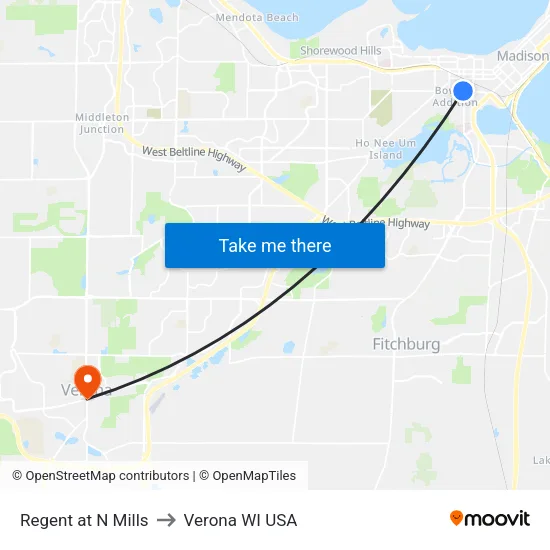 Regent at N Mills to Verona WI USA map