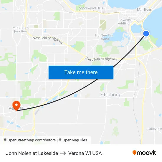 John Nolen at Lakeside to Verona WI USA map
