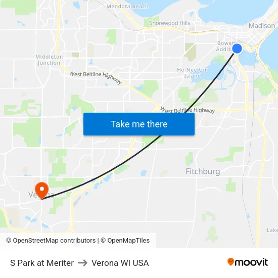 S Park at Meriter to Verona WI USA map