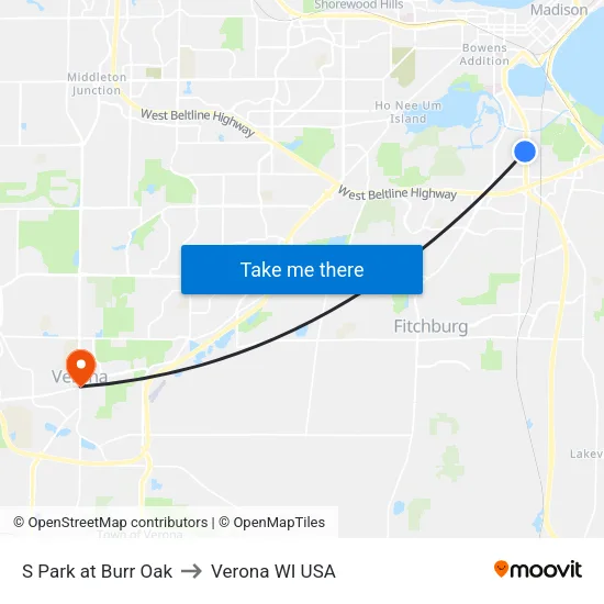 S Park at Burr Oak to Verona WI USA map