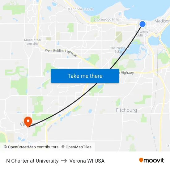 N Charter at University to Verona WI USA map