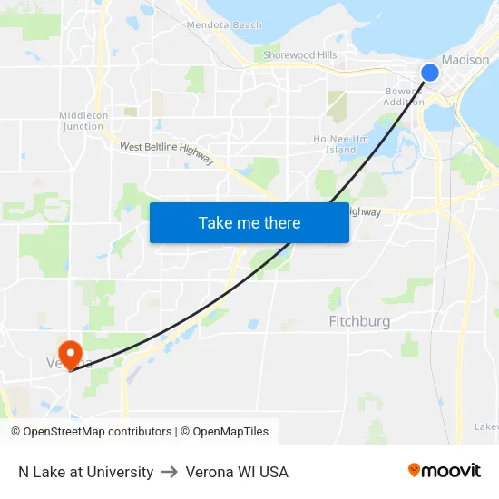N Lake at University to Verona WI USA map