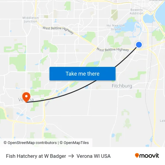 Fish Hatchery at W Badger to Verona WI USA map