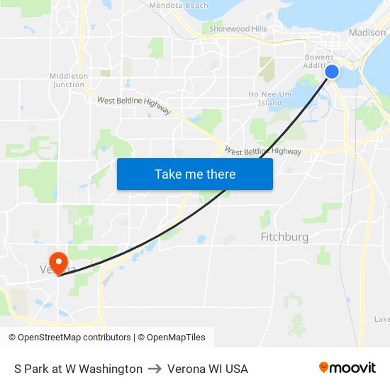 S Park at W Washington to Verona WI USA map