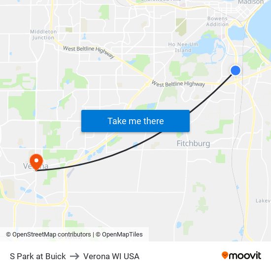 S Park at Buick to Verona WI USA map