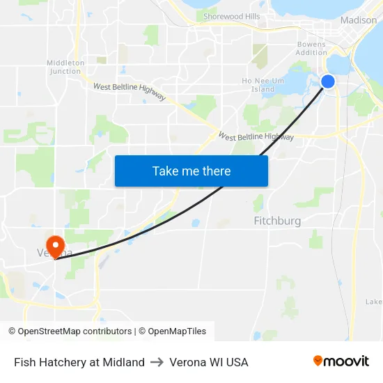Fish Hatchery at Midland to Verona WI USA map