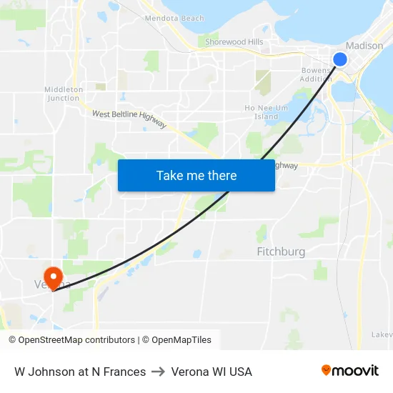 W Johnson at N Frances to Verona WI USA map