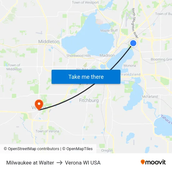 Milwaukee at Walter to Verona WI USA map