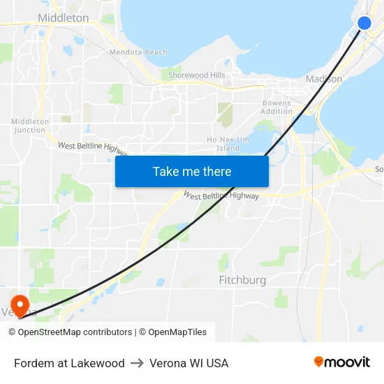 Fordem at Lakewood to Verona WI USA map