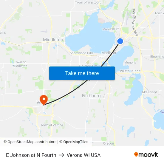E Johnson at N Fourth to Verona WI USA map