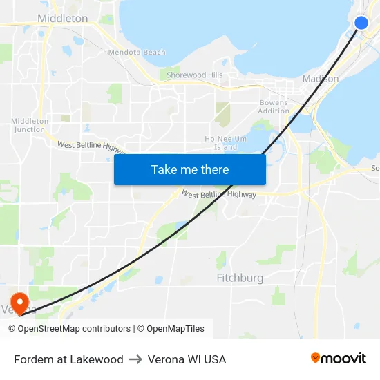 Fordem at Lakewood to Verona WI USA map