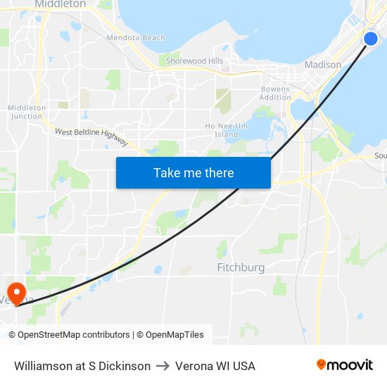 Williamson at S Dickinson to Verona WI USA map